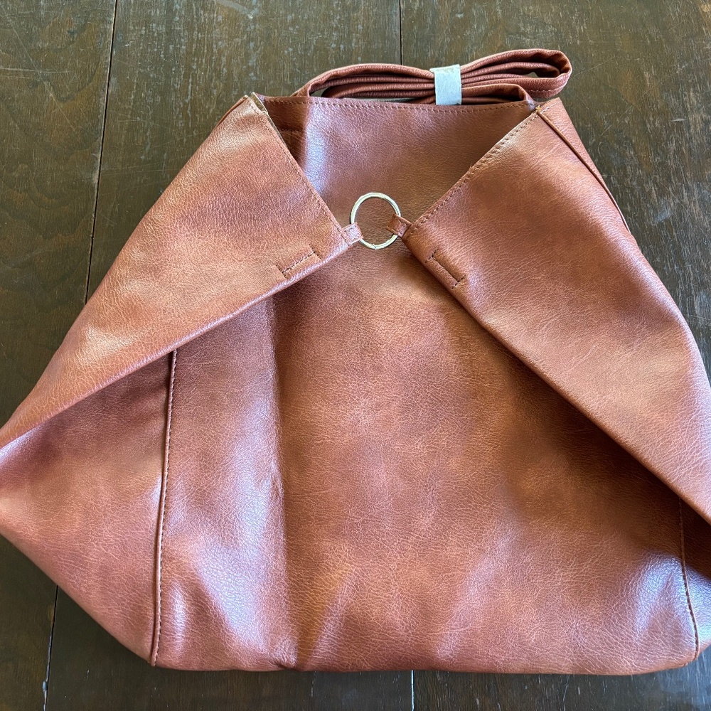 SLOUCHY HOBO LARGE VEGAN LEATHER TOTE-COGNAC-NWOT